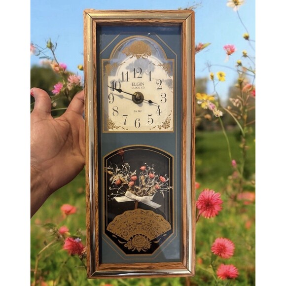 VTG Elgin Quartz 12" Shadowbox Wall/Tabletop Framed Clock Floral Dried Flowers - Picture 1 of 11